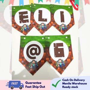 Partify CHIBI Minecraft party banner personalize happy birthday party needs letter name banner with free string customizable bunting for kids boys and girls birthday wall background backdrop party decoration