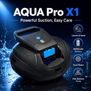 Black cordless pool cleaner with auto-park technology for easy retrieval near pool edge. Features include smart pool care and cordless freedom.
