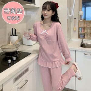 2023 HOT M-6XL Terno Pajama for Woman Chest Pad Plus Size Cotton Long Sleeve Sleepwear Women Loose Plain One Word Cute Home wear Nightwear