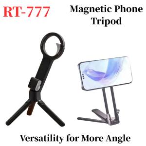 RT-777 Tripod Telefon Magnetik Aloi Aluminium – Foldable Dual-Sided Magnetic Phone Stand with Carabiner for iPhone