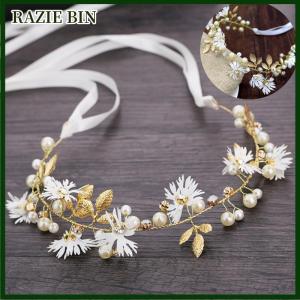 RAZIE BIN ดอกไม้ดอกไม้แถบคาดศีรษะกับริบบิ้นพวงหรีดงานแต่งงานวงดนตรีเพื่อนเจ้าสาว Garland