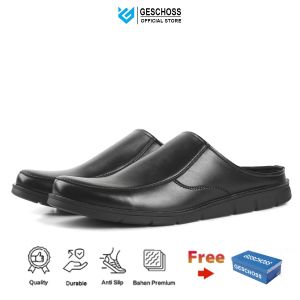 Sandal Bustong Pria Full Hitam Geschoss GS-1301 Sendal Tutong Kulit Sintetis Premium Size 39-43