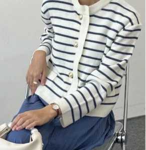 Cardigan Rajut Stripe Elegan Tangan Panjang dengan Kancing