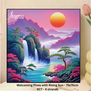 Purpleknows Cross Stitch Welcoming Pines with Rising Sun Falls 75x75cm 9CT Large Grid Aida Use 4 strands Thread Embroidery for Living Room Entrance