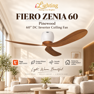 FIERO ZENIA 60" 3 Blades DC Motor Smart Wi-Fi Ceiling Fan 24 Speeds Remote & TUYA Apps Control - Black/Walnut/Pinewood