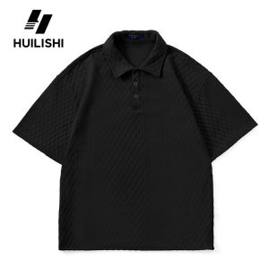 HUILISHI Textured polo short-sleeved loose plain T-shirt mens casual fashion top