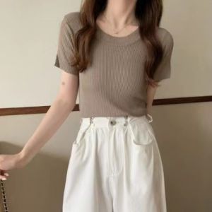 Plain Knitted Blouse For Women Korean Style Short Sleeve
