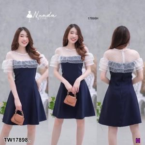 TW17898 Dress เดรสสีพื้น แต่งผ้าตาข่าย