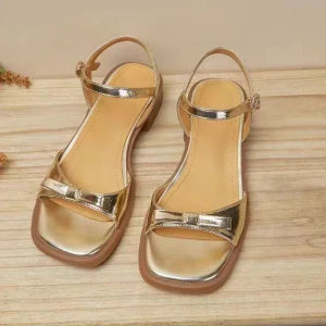 Bow shaped buckle strap sandals for women with flat soles and thick heels. 2025 Summer New Versatile Fashion Gold Silver