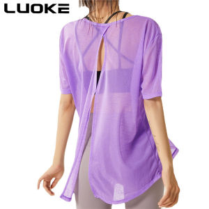 LUOKE ฤดูร้อนบาง Slit เสื้อโยคะวิ่งแขนสั้นหลวมแห้งเร็วเสื้อยืดที่สวยงามกลับกีฬายอดนิยมเสื้อผ้าออกกำลังกายผู้หญิง