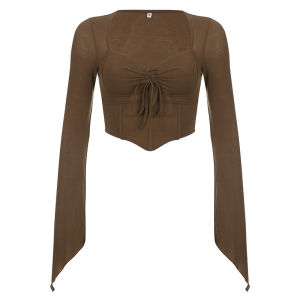 PM✿ Korean Style Women Blouse V-neck Long Sleeve Slim T-shirt Fashion Crop Top