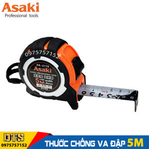 Thước kéo 5m chống va đập Asaki AK-2779 thước rút nền trắng số to rõ ràng thước cuộn thép độ chính xác cao vỏ bọc cao su ABS siêu bền vạch chi khắc laser phủ nylon chống mài mòn thước rút thép thước dây thép thước mét