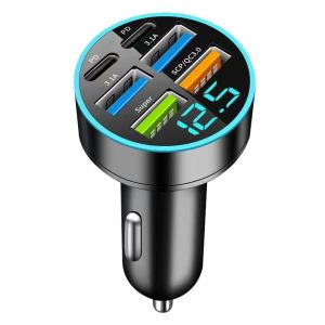 5 Port USB Car Charger with Digital Display Multi-Port Fast Charging Adapter for Mobile Phones and Tablets