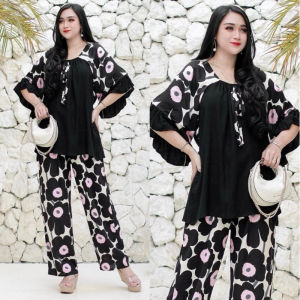 Oneset Bunga Setelan Celana Panjang Flower Rayon Tebal Halus Adem Pakaian Wanita Viral Kekinian