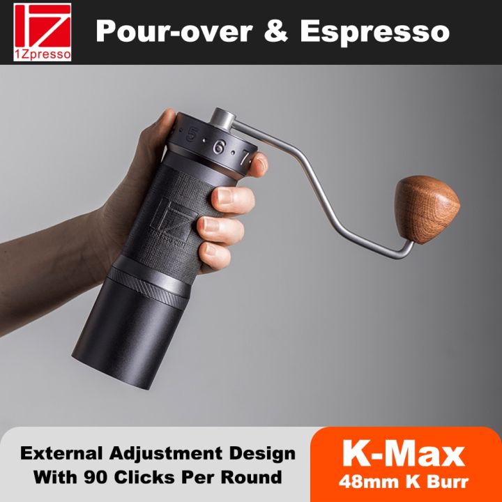 1zpresso KMax manual coffee grinder 48mm burr dumping and Espresso