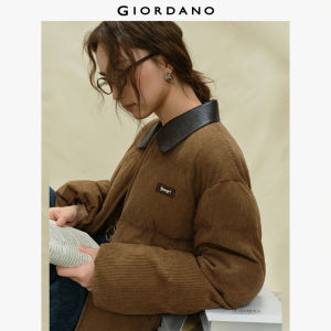 Giordano Women Embellished Patchwork Faux Leather Collar Corduroy Cotton Jacket Free Shipping 18375920