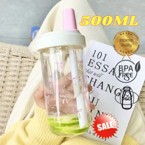 500ml/700ml Ribbon Style Bubble Tea Tumbler with Straw | Cute Plastic Drink Bottle | Travel Coffee Mug Botol Air Minuman Comel