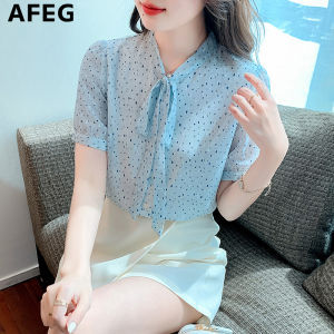 AFEG new Korean style bow fashion loose all-match polka dot chiffon short-sleeved blouse for women