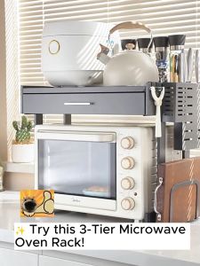SJORAGE On Hand🔥Microwave Oven Rack with Drawer & Hooks 2Tier Kitchen Storage Organizer for Countertop Appliances Durable Space Saver Shelf