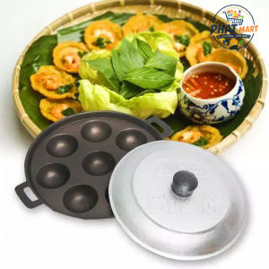 Khuôn Bánh Khọt 8 Lỗ Nam Thành Có Nắp Đậy Cao Cấp - Khuôn Nhôm Đúc Tráng Men Chống Dính Hiệu Quả