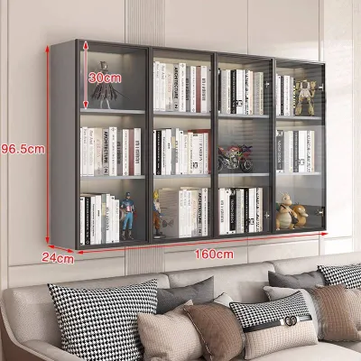 Wall-Mounted Storage Cabinet Solid Wood Hanging Book Rack Glass Door Display Cabinet