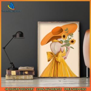 Vktech Sunflower Girl Canvas Cross Stitch Wall Art DIY Embroidery Kit Bright Yellow Colors for Living Room Wall Decoration