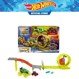 Hot Wheels Monster Trucks Power Smashers Charge & Chase Challenge Track Set With Oversized Skelesaurus 1:64 Scale Bone Shaker & 2 Crushed Cars