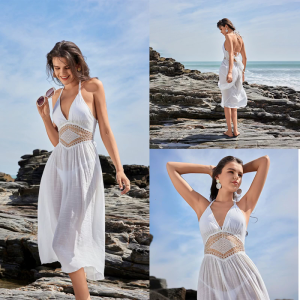 Dây bãi biển Cover up DRESS đồ mặc đi biển hở lưng vải thoáng khí và màu trắng cổ điển thiết kế cho du lịch hàng ngày
