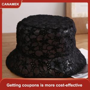 【CANAMEK 】 Sweet Cute Lace Hat Hollow Flower Bucket Hat Fashion Women Fisherman Hat Breathable Sunshade Sunscreen Hat
