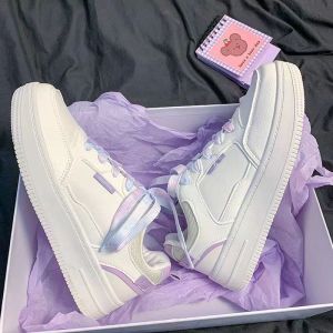 COD Ready Stock Women Aesthetic Platform Sneakers White Purple Lace‑Up Low Top Casual Shoes for Girls Student Everyday Use #215