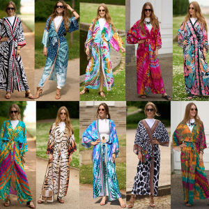 Áo Choàng Đi Biển Nhiều Màu DN0902 Áo Choàng Dài Đi Biển Thời Trang Cho Nữ Áo Kaftans Kèm Thắt Lưng Áo Tắm Hai Mảnh Boho In Họa Tiết