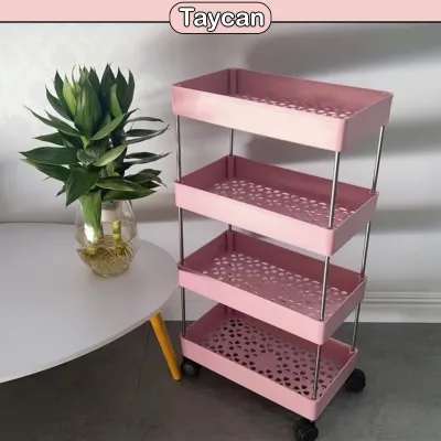 Kệ để đồ đa năng (Màu Hồng) 4 tầng có bánh xe cho spa phòng tắm phòng bếp khung inox chất liệu nhựa TAYCAN