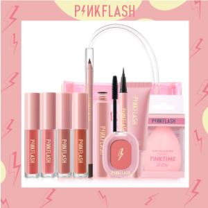 PINKFLASH (Buy 1 Take 1 bag) Full Makeup Set Oil control Foundation+ Waterproof Mascara + Eyeliner + Eyebrow Pencil + Blush + Matte Lipstick+ Lip Gloss (#Classic Red)