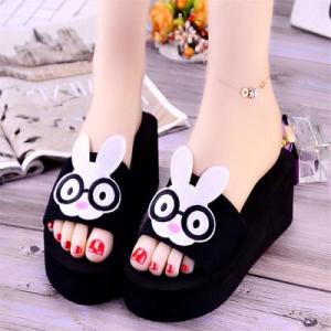 MANXIXI Brand Beautiful 2.36 Inches Wedge Sandals Big Rabbit Inlay Rubber Sole Sturdy Flat Slippers For Women (Size 34-39)