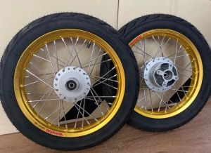 ชุดล้อโมตาด สีดำและทอง ขอบ 14"/14" สำหรับรถ MSXMSX-SF / KSR โฉมเก่าและใหม่ ขนาด 1.60x17 1.60x14 ดุมกลึงเงาพร้อมดุมเสตอร์ครบชุด ยางนอกลายไฟ + ยางใน ( ขนาด 80/90-14 + 90/90-14 )