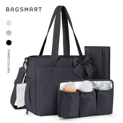【LOCAL STOCK】BAGSMART Diaper Tote Bag Mommy Beg Stylish Baby Travel Bag with Insulated Bottle Holder & Changing Mat