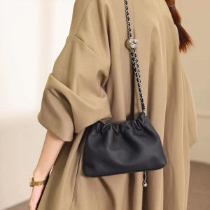 Genuine leather cloud bag 2026 New small gold ball chain womens bag simple pleated square shoulder crossbody bag trendy