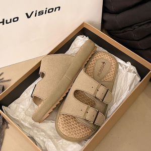 Mule Rabbit WomenS Summer Outdoor Linen Slippers Lazy Slip-On Thick-Soled All-Season Cowhide Sole Linen Slippers For Women