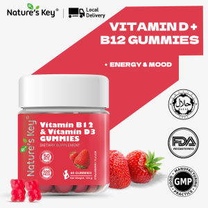 【NEW ARRIVAL】Natures Key Halal Vitamin D3 + B12 Gummies Stronger Bones Immune Boost Energy Support Sugar-Free Formula 60 gummies