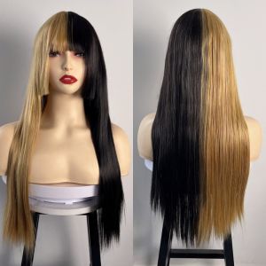 NO4 PANDA Layered Long Yaki Straight Wig Natural 28-Inch Cosplay Halloween Wig Sweet Fluffy Straight Bangs Hairpiece for Women