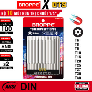 Bộ 10 mũi hoa thị có lỗ dài 100mm từ tính BROPPE | Mũi vít hoa thị chuôi lục giác ngắn 6.35mm nam châm trợ lực thép S2 siêu bền chân 1/4" | Bộ hoa thị nam châm mũi hoa thị lục giác lỗ