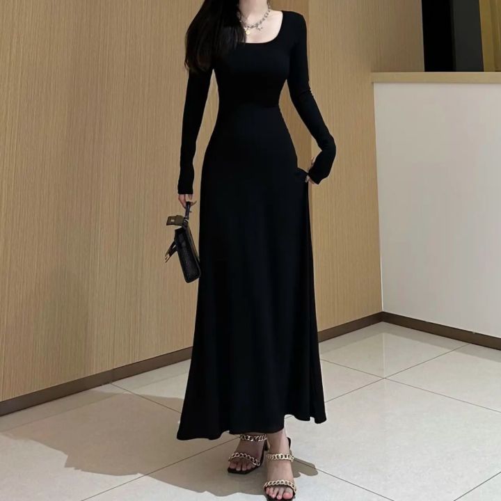 French Long-Sleeve Square Neck A-Line Dress for Autumn and Winter 2024:  Slim-Fit Elegant Long Dress for Petite Women Lazada PH