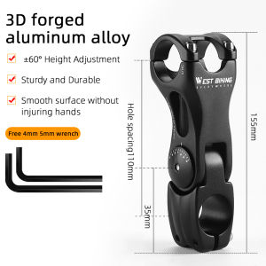WEST BIKING Adjustable Bicycle Stem Aluminum Alloy MTB Road Mountain Bike Stem Adjustable 120 Degree Bicycle Handlebar Stem 31.8*110/125/140MM