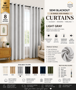 Semi Blackout Katrina Curtains 8 Rings Per Panel | Elegant Modern Window Curtain for Living Room Bedroom