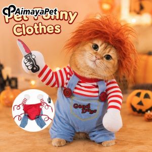 Dog Chucky Cosplay Costume Funny Pet Standing Outfit Halloween Party Clothing Soft Cozy For Small Medium Large Dogs