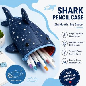 Shark Pencil Case Large Capacity Canvas Cute Cartoon Stationery Pouch School Kids Boys