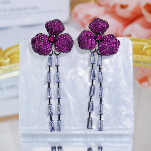 SEQUITO Delicate Two Tassels Pendant Long Drop Earrings Purple Red Flower AAA Zirconia Ear Decoration Women Costume Jewellery SE927