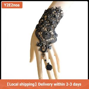 【Local shipping】 1pc Women Goth Rose Beads Flower Lace Slave Glove Adjustable Ring Long Bracelet