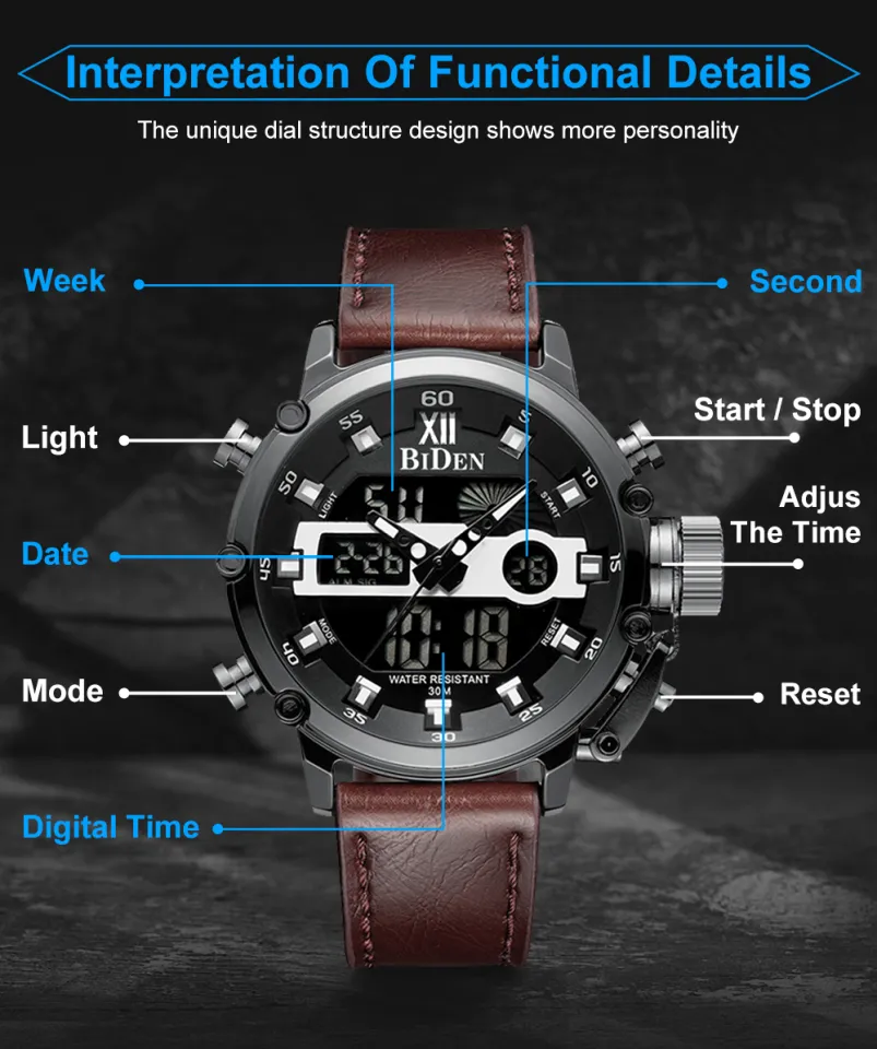 BIDEN Jam Tangan Pria Olahraga Militer Analog Pria Olahraga Multi Fungsi  Pria Dial 'S Anti Air Atas Bisnis Jam Tangan Chronograph Gelang Kulit Tahan 