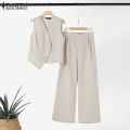 ZANZEA Korean Style Womens Work Elegant Sets V Neck Irregular Buttons Waistcoats Wide Leg Trousers Solid Suits #0918. 